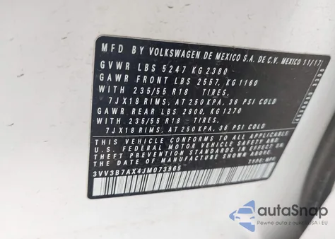 2018 Volkswagen Tiguan 2.0T Se/2.0T Sel из США, поврежденный, VIN 3VV3B7AX4JM073965